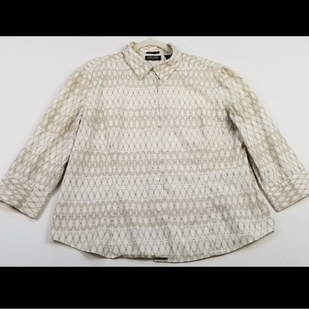 New York & Company Button Up Shirt Women’s L Multicolor Geometric ¾ Sleeves Top